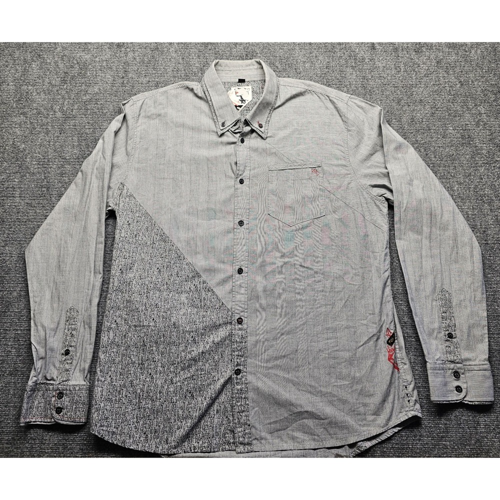 Volcom Stone Mens Grey Pinstripe Graphic Long Sleeve Button Down Shirt Large